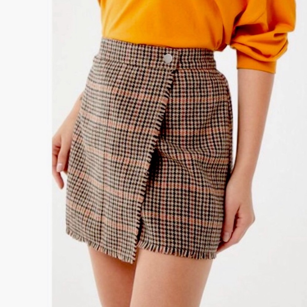 Urban Outfitters Dark Academia Plaid Fringe Wrap Skirt Teryn Fray Houndstooth